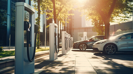 Modern fast electric vehicle chargers for charging car in park,