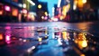 Neon lights and reflections in a dark city street - abstract night background with blurred bokeh
