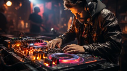 Young male DJ playing music at the nightclub. Night club party.