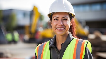 Portrait of smiling female engineer on site wearing hard hat, high vis vest, and PPE in front of industrial machinery