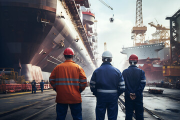 Wall Mural - Naval industry workers with ships under construction in background