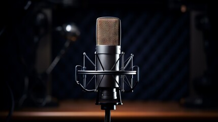 Studio microphone with pop filter and headphones on a studio background