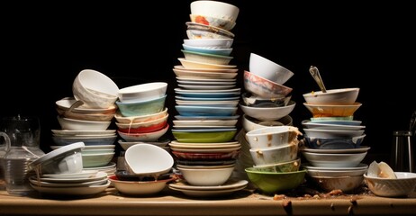 Wall Mural - A pile of dirty dishes stacked on top of each other, AI