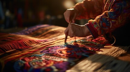 Poster - A woman is weaving a piece of fabric, AI