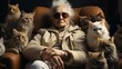 Crazy old granny in glasses, cat lady, sitting in a chair in  cloak, with her many favorite cats at home