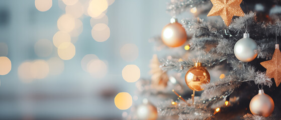 Wall Mural - Decorated Christmas tree with glitter light bokeh background.