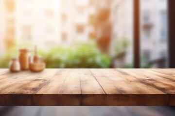 Wall Mural - Empty wooden desk on blurred kitchen window. Stage for product