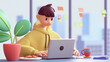 Portrait of successful young asian programmer guy in yellow hoodie uses computer for work sits at blue table, red cup coffee, notebook, cookies, green plant. 3d render of modern office with city view.
