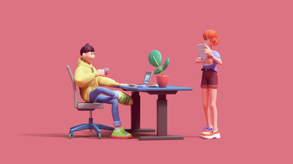 Cute happy funny red-haired girl worker holds documents, discusses new project with colleague programmer guy in hoodie sits cross-legged on office chair at computer desk. 3d render on pink backdrop.