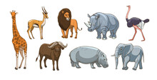 African Animals, Lion, Elephant, Gazelle, Rhinoceros, Cheetah, Antelope, Hippopotamus, Rhinoceros, Giraffe. Set Of Vector Sketch Illustrations