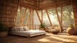 Bamboo bedroom with wooden furniture and panoramic windows. Ecolodge house interior.