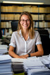 © Nikname - Young accountant girl with glasses smiles sitting at desk at work.