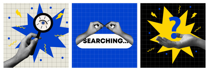 People looking, searching job, observing, watching, finding and discovering opportunities. Flat graphic vector collage illustrations