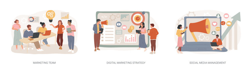 Wall Mural - digital marketing strategy isolated concept vector illustration set. marketing team, social media ma