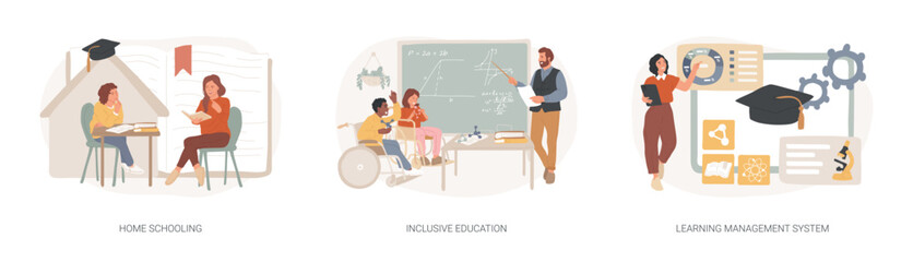 Wall Mural - private schooling curriculum isolated concept vector illustration set. homeschooling, inclusive educ