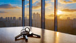 keys on the table in new apartment against the background of sunset and large windows mortgage investment rent real estate property concept