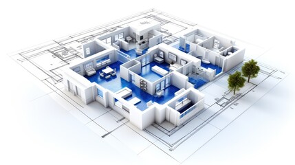 Wall Mural - Building house on blueprints - construction project.