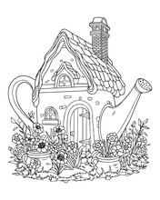 A Fairy House Inside A Teapot. Coloring
