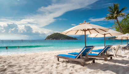 Wall Mural - beach chairs with umbrella and beautiful sand beach tropical beach with white sand and turquoise water travel summer holiday background concept