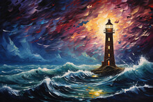 Acrylic Painting, Cosmic Lighthouse An Sea