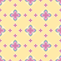 Wall Mural - In this seamless pattern, large flowers are arranged in a harmonious pink, blue and yellow. Decorated with small pink flowers placed neatly, on yellow background, looks beautiful and attractive.