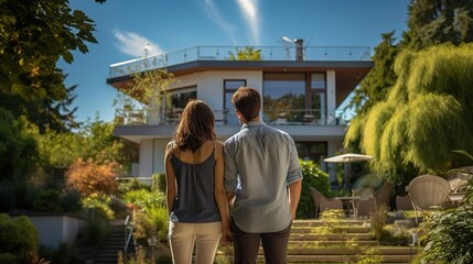 Wall Mural - Back view couple in front of their family house