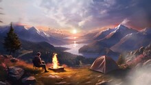 Beautiful Landscape Camping In The Mountains Background. Seamless Looping Time-lapse Virtual 4k Video Animation Background.