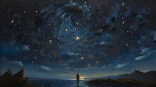 Paint Art Of  Night Sky With Stars. 