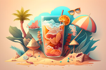 Wall Mural - Cocktail, beach, sea, palm tree, umbrella and sunglasses, travel illustration, summer, tropical beach, vacation, tourism concept background.