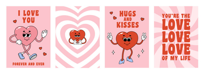 Set of Valentine Day greeting cards with groovy heart characters. Love concept. Template for poster, banner, invitation, greeting card