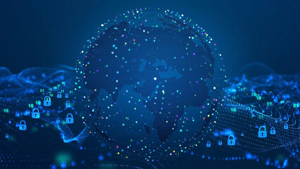 Wall Mural - security dark abstract wave dot background with digital colorful spherical particles