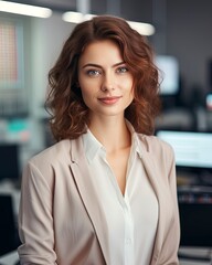 Wall Mural - Portrait of beautiful professional businesswoman with short brown hair looking at the camera with a out of focus office in the background. Modern corporate office workplace scene.