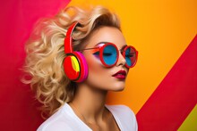 Pop Art Retro Style Pretty Blonde Young Woman Wearing Headphones And On Vibrant Colorful Background