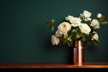 Shelves With Flowers In Copper Vases Above A Dark Green Wall.