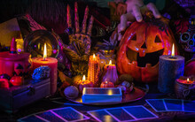 Halloween Party, Close Up Magical Details Including Pumpkin And Many Candles, Home Design 