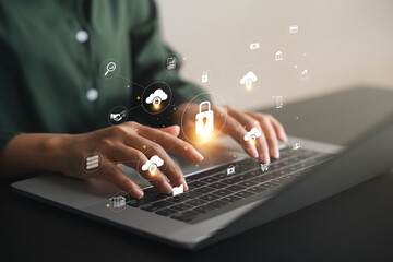 Cybersecurity and privacy concepts to protect data. Lock icon and internet network security technology. Businesswomen protecting personal data on laptops virtual interfaces...