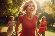 © AKKA - Active graceful Senior Women and Friends jogging in Lively Park Stretchingmuscle health, workout, and training with the retirement community