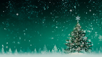 Poster - Lit Christmas tree in the snow with star on top of it. Christmas postcard.