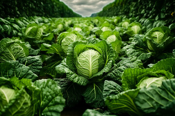 Wall Mural - Rows of white cabbage on the field.