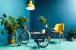 Minimal, modern interior with two chairs, a bicycle, a table with a plant on it and a yellow lamp above, against blue wall 
