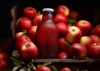 Wall Mural - Bottle with dew of red apple juice with ripe fresh apples in box on dark background.Macro.AI Generative