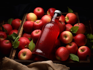 Wall Mural - Bottle with dew of red apple juice with ripe fresh apples in box on dark background.Macro.AI Generative