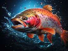 River Water Disrupted As A Lively Rainbow Trout Jumps.