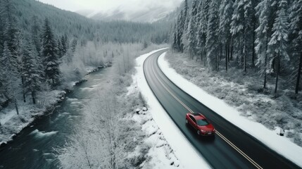 Concept of auto travel during winter holiday season. One red car is driving on snow along mountain road near forest and stormy river. Aerial view. Road trip journey. Generative AI. Drone landscape.