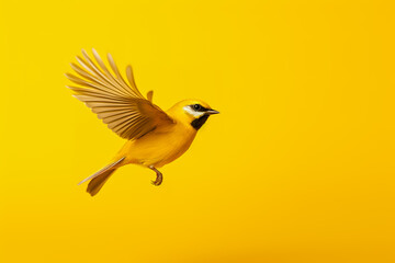 Wall Mural - Yellow bird with open wings flying on yellow background.