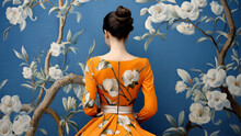 Fashion Rebellious Model From Behind, Vinvenne Westwood Mix Prada Blue Vintage Dress, Background With Wallpaper With White Jasmine, Orange Blossom, Elder Flower, Vanilla Beans