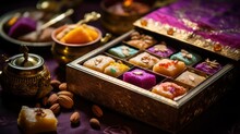 Diwali Box Consists Of Indian Sweets. Assorted Diwali Sweets Gift Box. Diwali Deepavali Festive Colorful Bright Traditional Dishes And Sweets In Box, Candles, Flowers, Lights