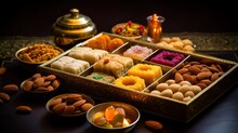 Diwali Box Consists Of Indian Sweets. Assorted Diwali Sweets Gift Box. Diwali Deepavali Festive Colorful Bright Traditional Dishes And Sweets In Box, Candles, Flowers, Lights
