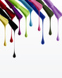 Multi colored nail polish drops drip from brushes on white background. Variety of gel nail polish swatches.