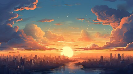 Sunset sky and modern city background. Cartoon evening sunrise with orange clouds. Sun through the clouds in sky. Morning cloudy heaven panorama. Big city background. Generative ai